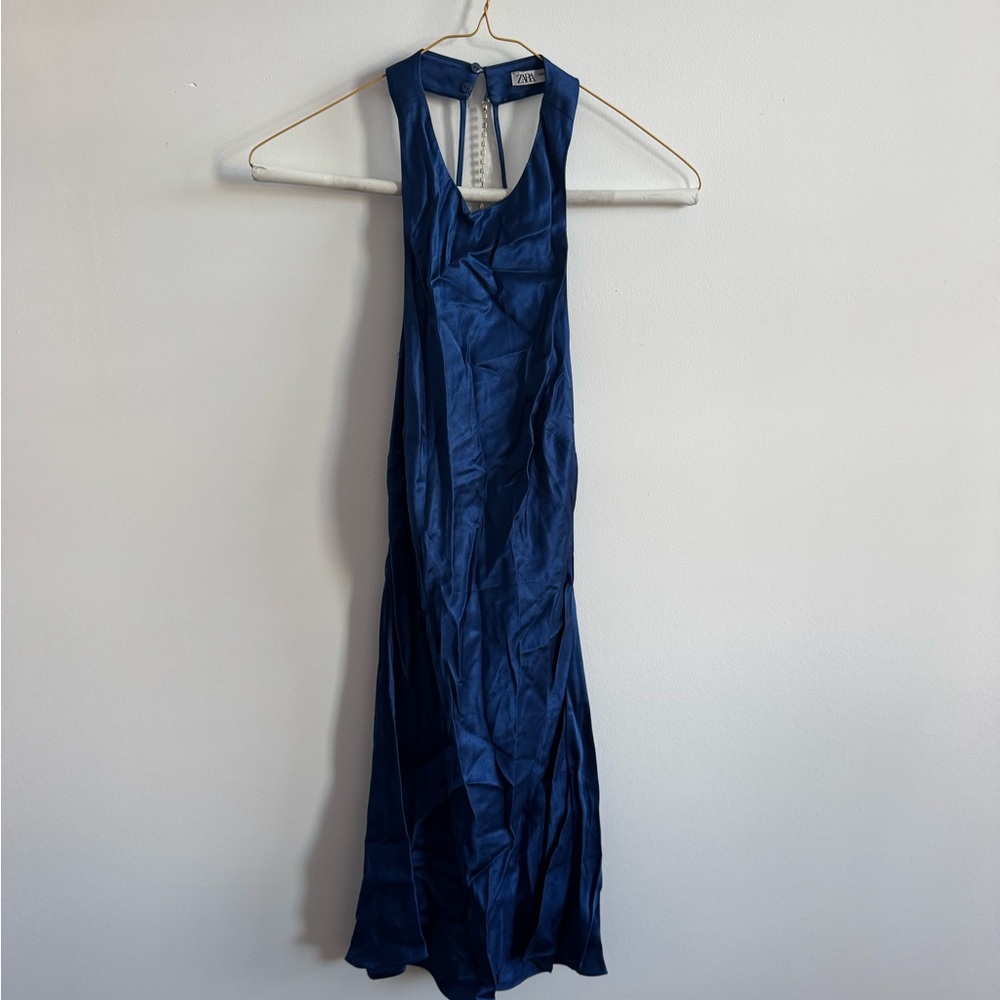 XS Zara Navy Open Back Satin Mini Dress